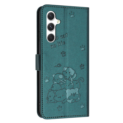 Samsung Galaxy M55 5G Embossed Kitten PU Leather Wallet Case with Card Slots, Cash Pocket, Kickstand Function, Wrist Lanyard Strap, Full Protective TPU Flip Cover