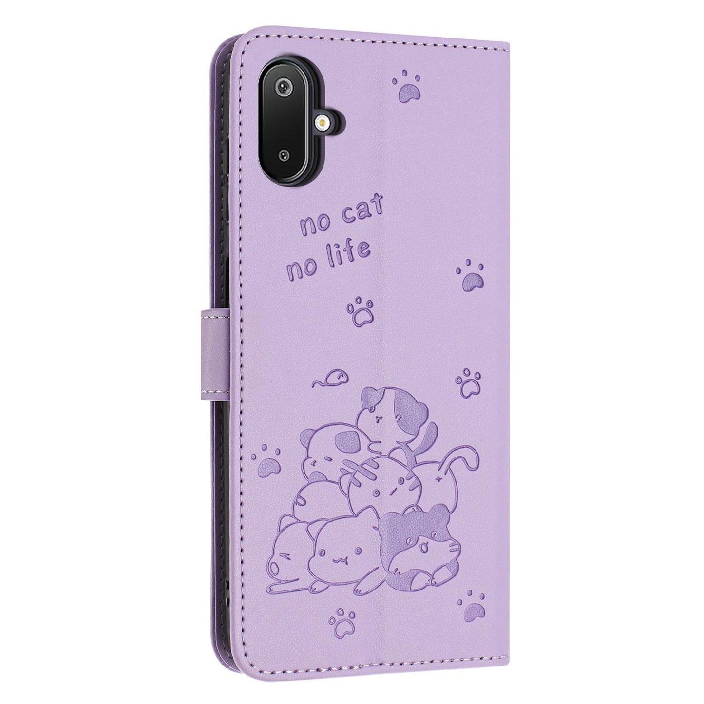 Samsung Galaxy F06 5G Embossed Kitten PU Leather Wallet Case with Card Slots, Cash Pocket, Kickstand Function, Wrist Lanyard Strap, Full Protective TPU Flip Cover