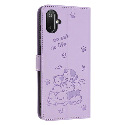 Samsung Galaxy F06 5G Embossed Kitten PU Leather Wallet Case with Card Slots, Cash Pocket, Kickstand Function, Wrist Lanyard Strap, Full Protective TPU Flip Cover