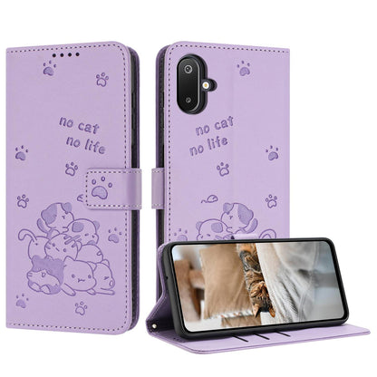 Samsung Galaxy M06 5G Embossed Kitten PU Leather Wallet Case with Card Slots, Cash Pocket, Kickstand Function, Wrist Lanyard Strap, Full Protective TPU Flip Cover