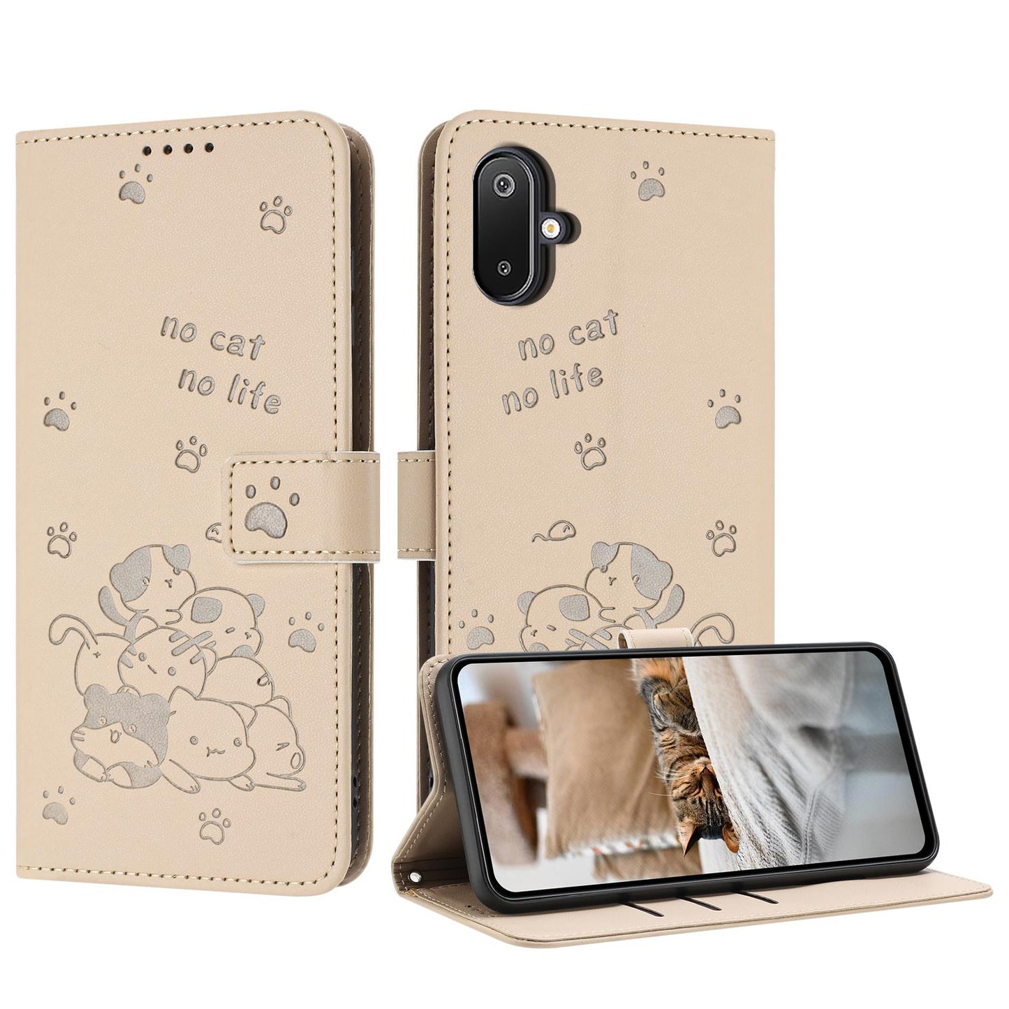 Samsung Galaxy F06 5G Embossed Kitten PU Leather Wallet Case with Card Slots, Cash Pocket, Kickstand Function, Wrist Lanyard Strap, Full Protective TPU Flip Cover