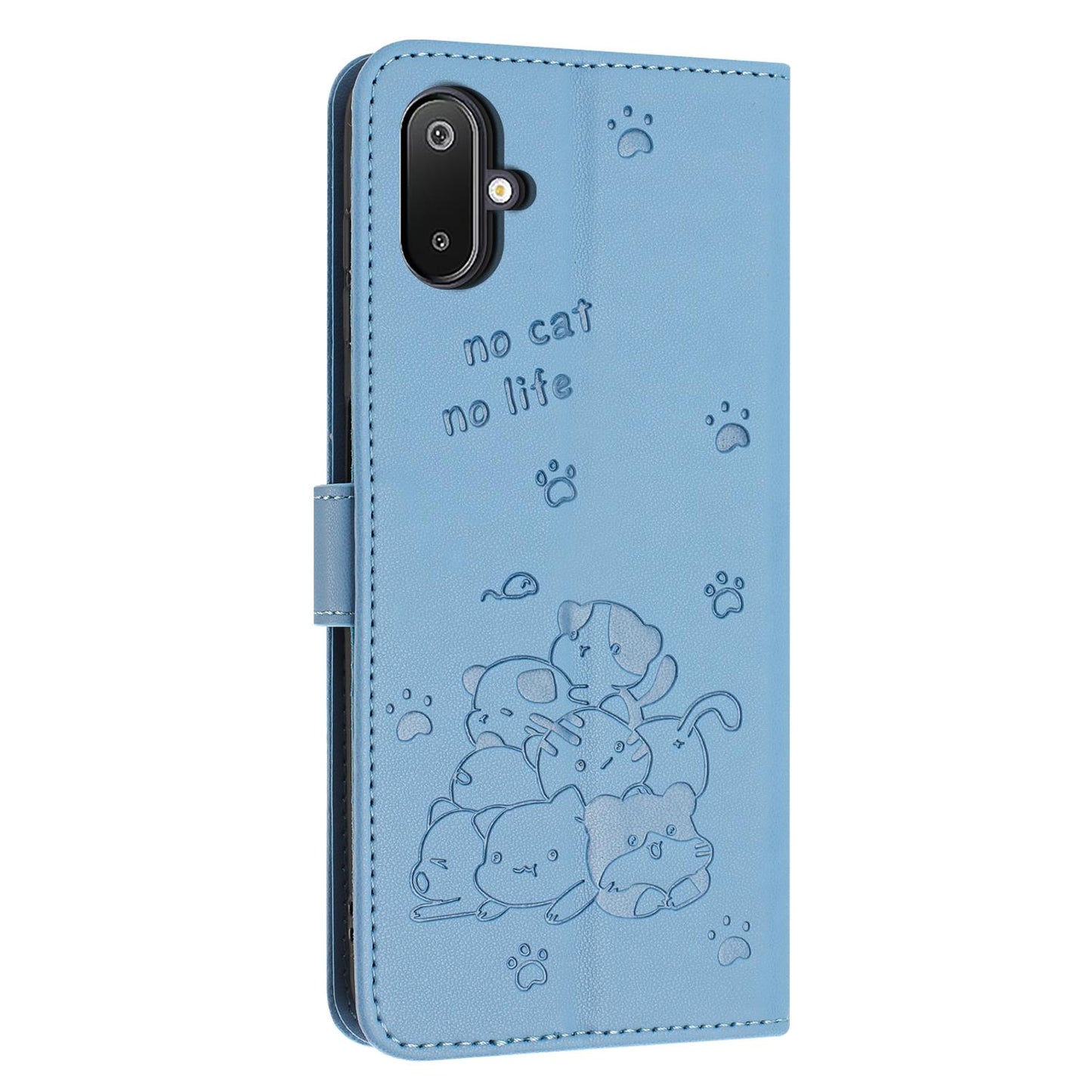 Samsung Galaxy F06 5G Embossed Kitten PU Leather Wallet Case with Card Slots, Cash Pocket, Kickstand Function, Wrist Lanyard Strap, Full Protective TPU Flip Cover