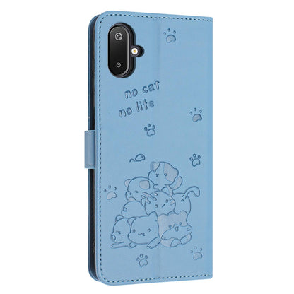 Samsung Galaxy M06 5G Embossed Kitten PU Leather Wallet Case with Card Slots, Cash Pocket, Kickstand Function, Wrist Lanyard Strap, Full Protective TPU Flip Cover
