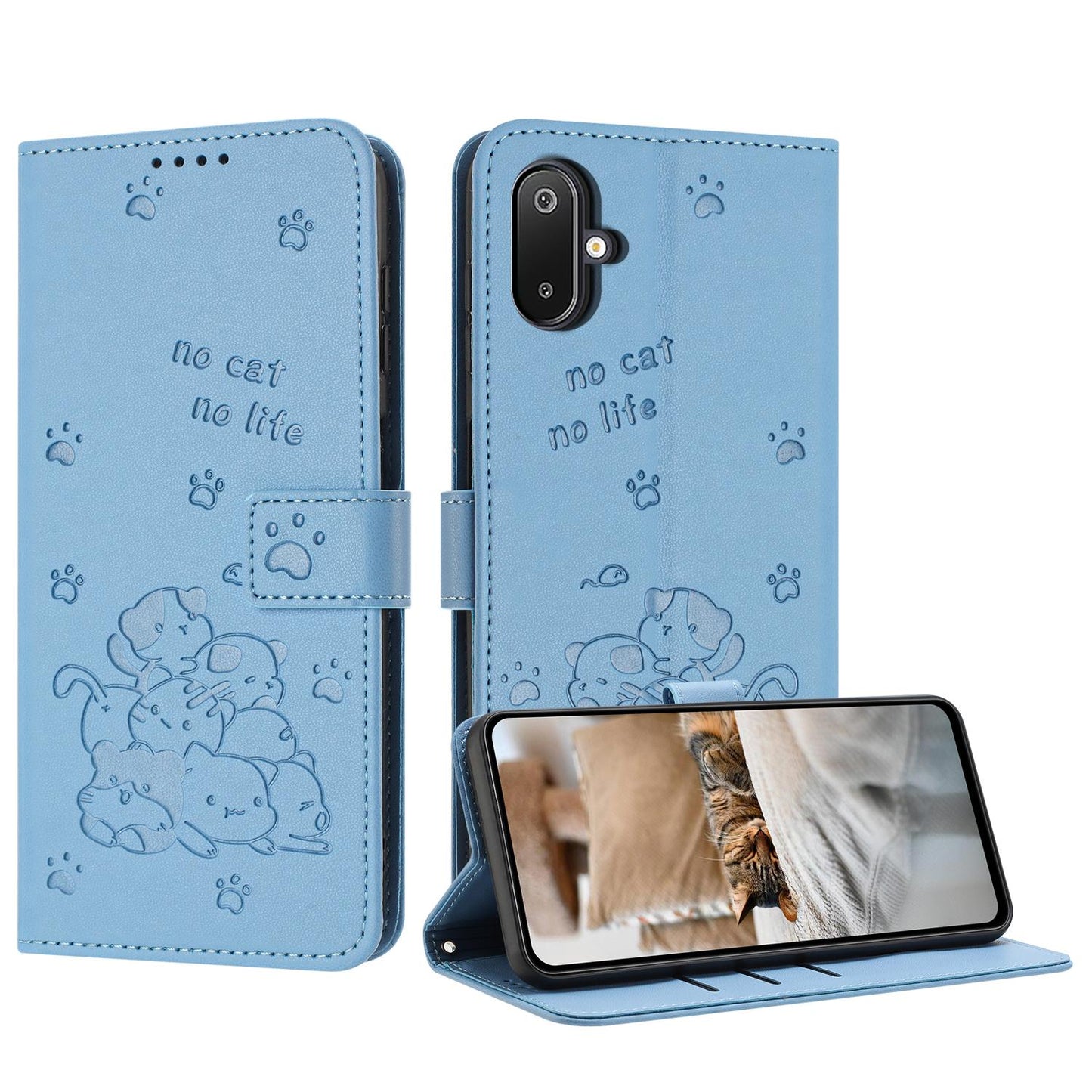 Samsung Galaxy M06 5G Embossed Kitten PU Leather Wallet Case with Card Slots, Cash Pocket, Kickstand Function, Wrist Lanyard Strap, Full Protective TPU Flip Cover