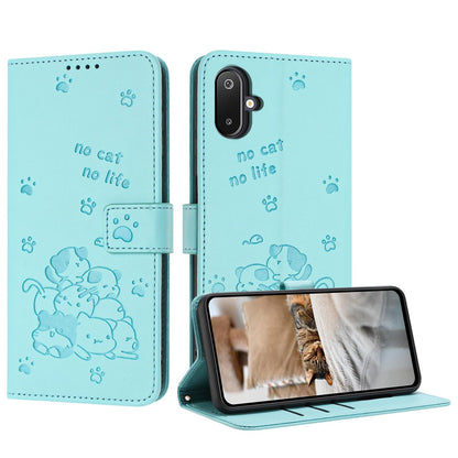 Samsung Galaxy F06 5G Embossed Kitten PU Leather Wallet Case with Card Slots, Cash Pocket, Kickstand Function, Wrist Lanyard Strap, Full Protective TPU Flip Cover
