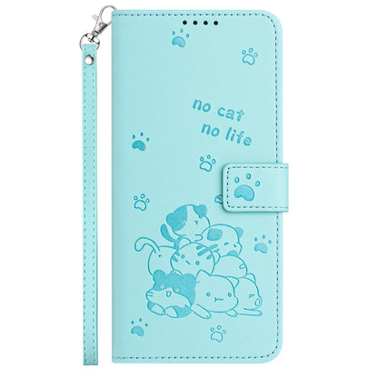 Samsung Galaxy F06 5G Embossed Kitten PU Leather Wallet Case with Card Slots, Cash Pocket, Kickstand Function, Wrist Lanyard Strap, Full Protective TPU Flip Cover