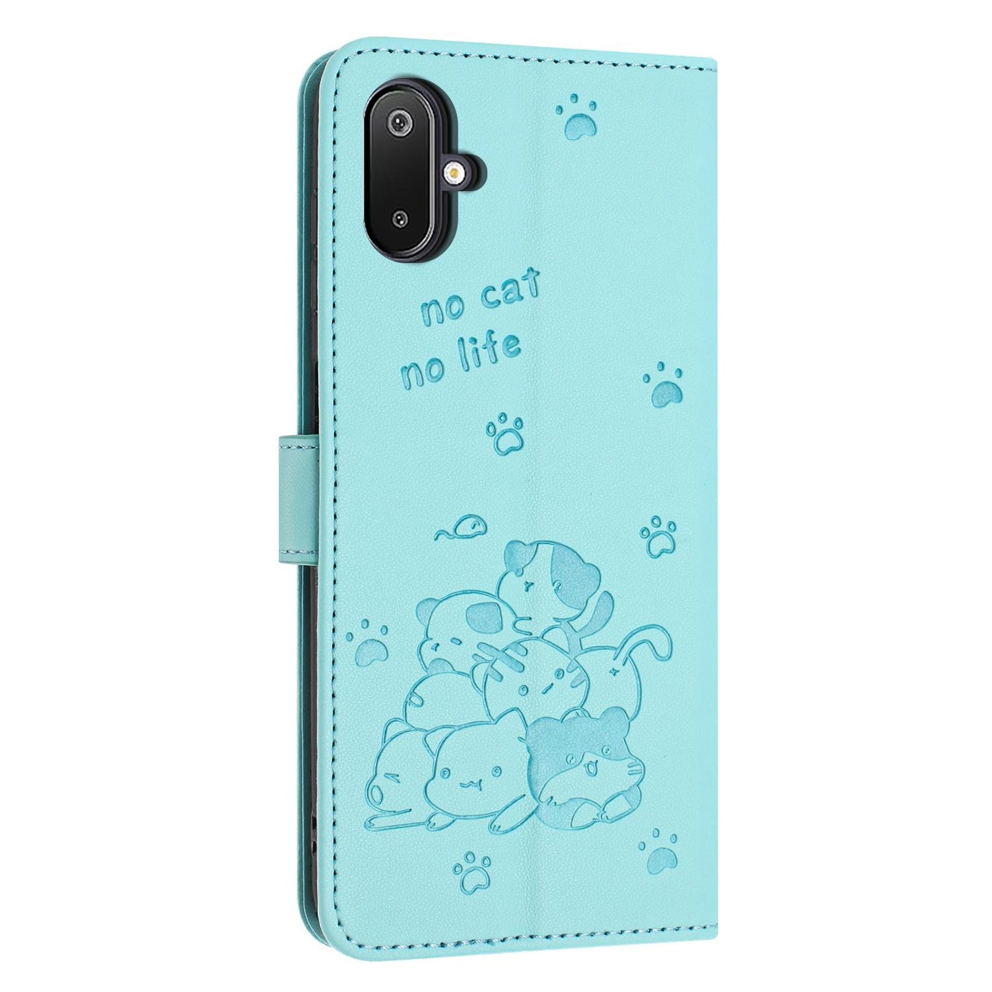 Samsung Galaxy F06 5G Embossed Kitten PU Leather Wallet Case with Card Slots, Cash Pocket, Kickstand Function, Wrist Lanyard Strap, Full Protective TPU Flip Cover