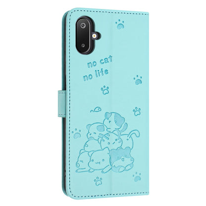 Samsung Galaxy M06 5G Embossed Kitten PU Leather Wallet Case with Card Slots, Cash Pocket, Kickstand Function, Wrist Lanyard Strap, Full Protective TPU Flip Cover
