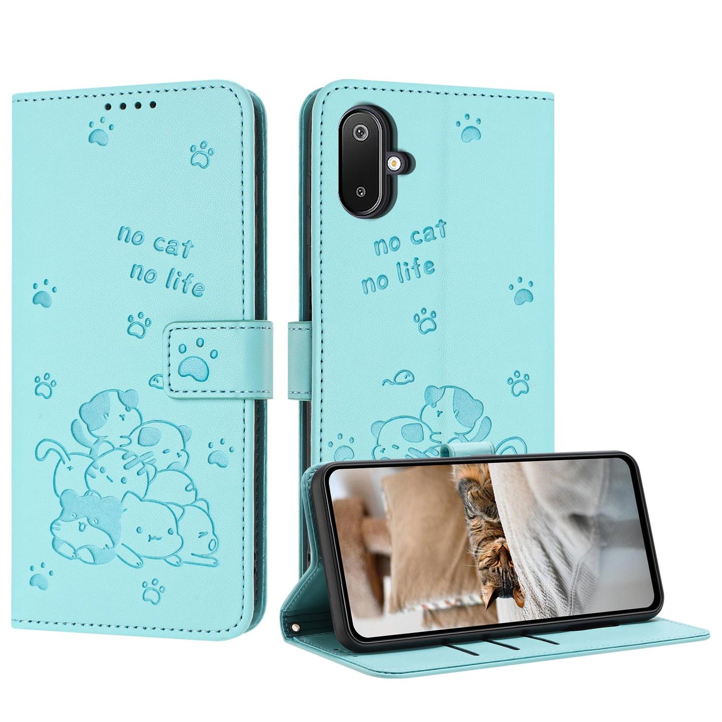 Samsung Galaxy M06 5G Embossed Kitten PU Leather Wallet Case with Card Slots, Cash Pocket, Kickstand Function, Wrist Lanyard Strap, Full Protective TPU Flip Cover