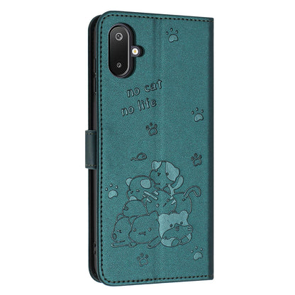 Samsung Galaxy M06 5G Embossed Kitten PU Leather Wallet Case with Card Slots, Cash Pocket, Kickstand Function, Wrist Lanyard Strap, Full Protective TPU Flip Cover