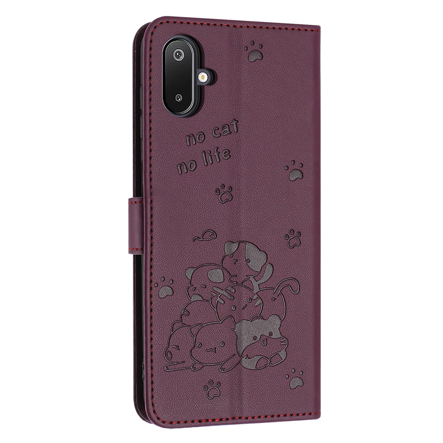 Samsung Galaxy F06 5G Embossed Kitten PU Leather Wallet Case with Card Slots, Cash Pocket, Kickstand Function, Wrist Lanyard Strap, Full Protective TPU Flip Cover