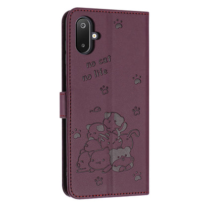Samsung Galaxy F06 5G Embossed Kitten PU Leather Wallet Case with Card Slots, Cash Pocket, Kickstand Function, Wrist Lanyard Strap, Full Protective TPU Flip Cover