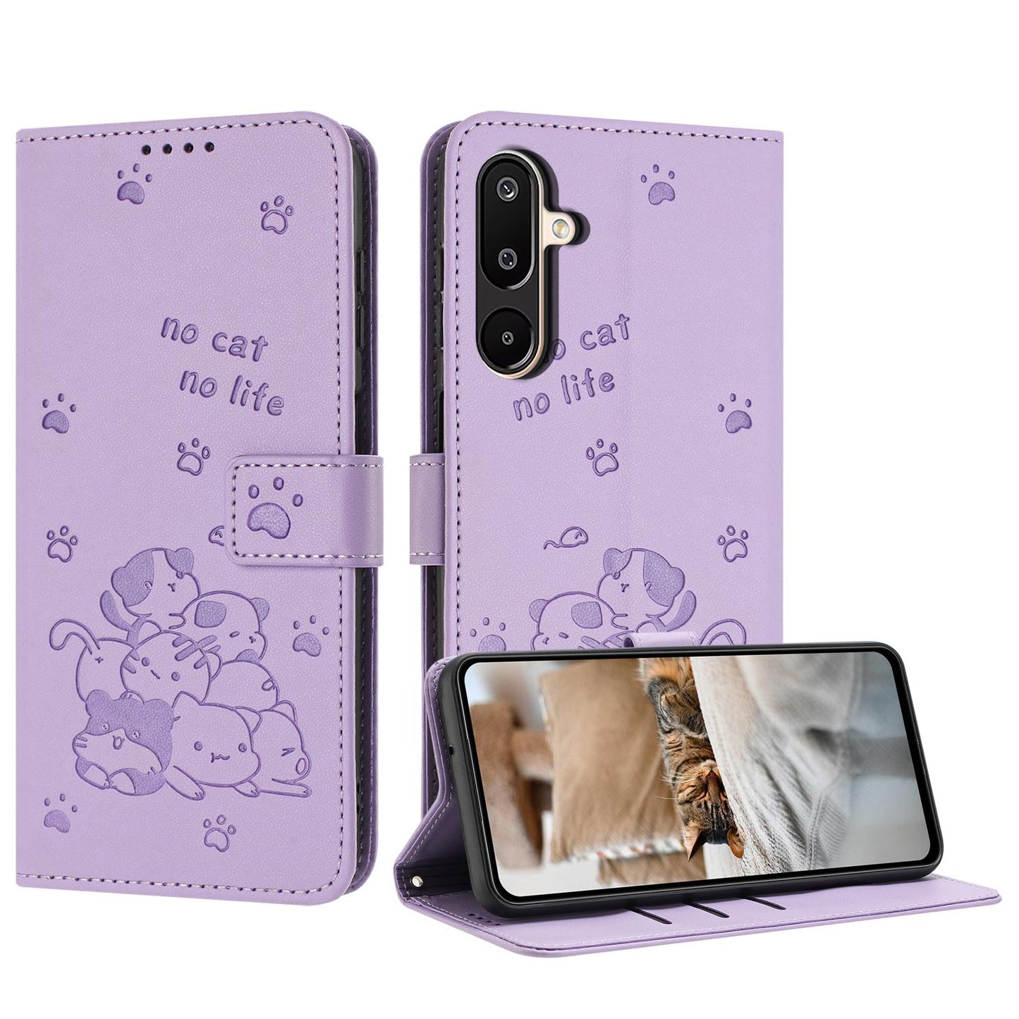 Samsung Galaxy M16 5G Embossed Kitten PU Leather Wallet Case with Card Slots, Cash Pocket, Kickstand Function, Wrist Lanyard Strap, Full Protective TPU Flip Cover