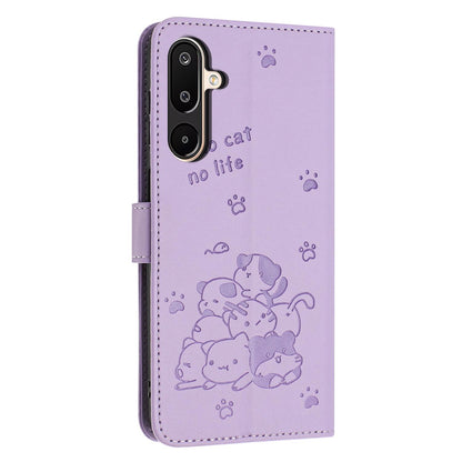 Samsung Galaxy F16 5G Embossed Kitten PU Leather Wallet Case with Card Slots, Cash Pocket, Kickstand Function, Wrist Lanyard Strap, Full Protective TPU Flip Cover