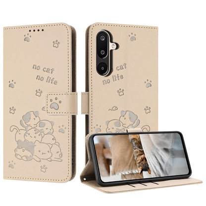 Samsung Galaxy F16 5G Embossed Kitten PU Leather Wallet Case with Card Slots, Cash Pocket, Kickstand Function, Wrist Lanyard Strap, Full Protective TPU Flip Cover