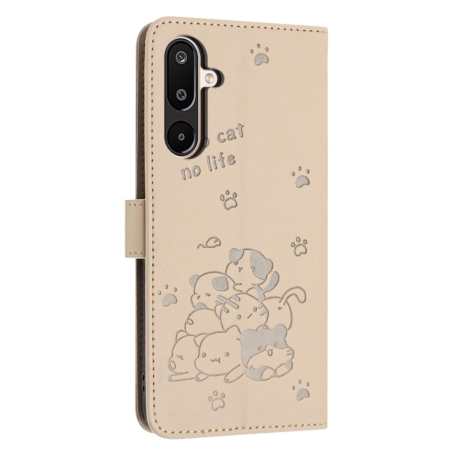 Samsung Galaxy F16 5G Embossed Kitten PU Leather Wallet Case with Card Slots, Cash Pocket, Kickstand Function, Wrist Lanyard Strap, Full Protective TPU Flip Cover
