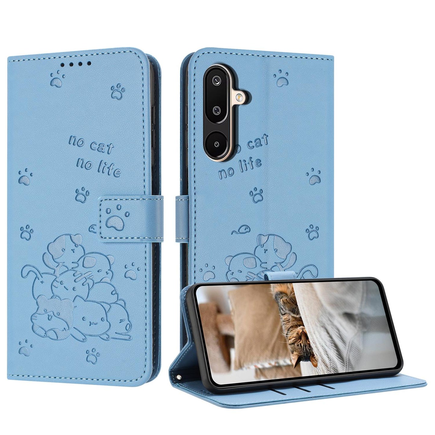 Samsung Galaxy F16 5G Embossed Kitten PU Leather Wallet Case with Card Slots, Cash Pocket, Kickstand Function, Wrist Lanyard Strap, Full Protective TPU Flip Cover