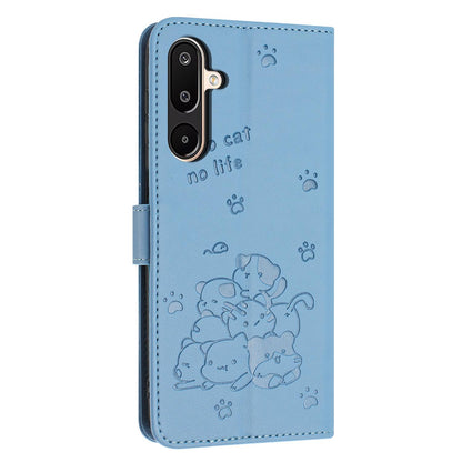 Samsung Galaxy M16 5G Embossed Kitten PU Leather Wallet Case with Card Slots, Cash Pocket, Kickstand Function, Wrist Lanyard Strap, Full Protective TPU Flip Cover