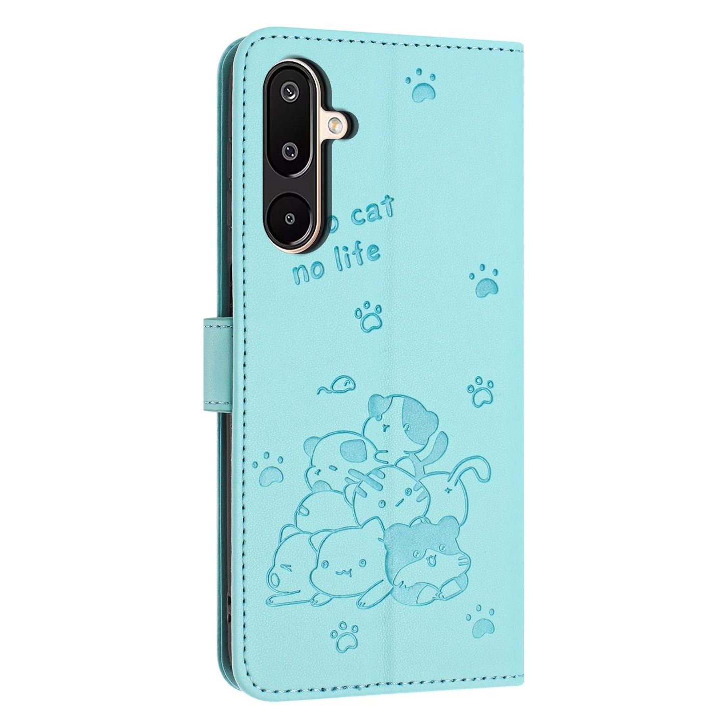 Samsung Galaxy F16 5G Embossed Kitten PU Leather Wallet Case with Card Slots, Cash Pocket, Kickstand Function, Wrist Lanyard Strap, Full Protective TPU Flip Cover