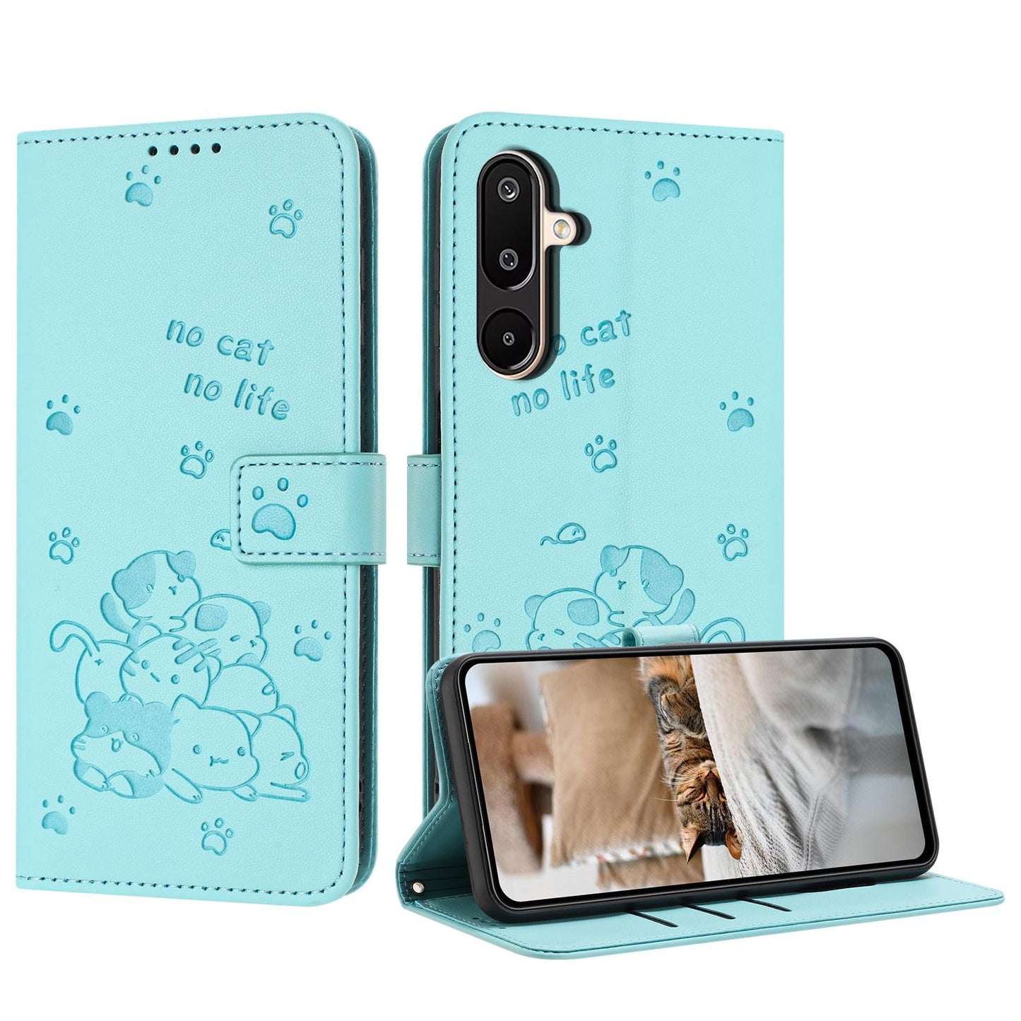 Samsung Galaxy M16 5G Embossed Kitten PU Leather Wallet Case with Card Slots, Cash Pocket, Kickstand Function, Wrist Lanyard Strap, Full Protective TPU Flip Cover