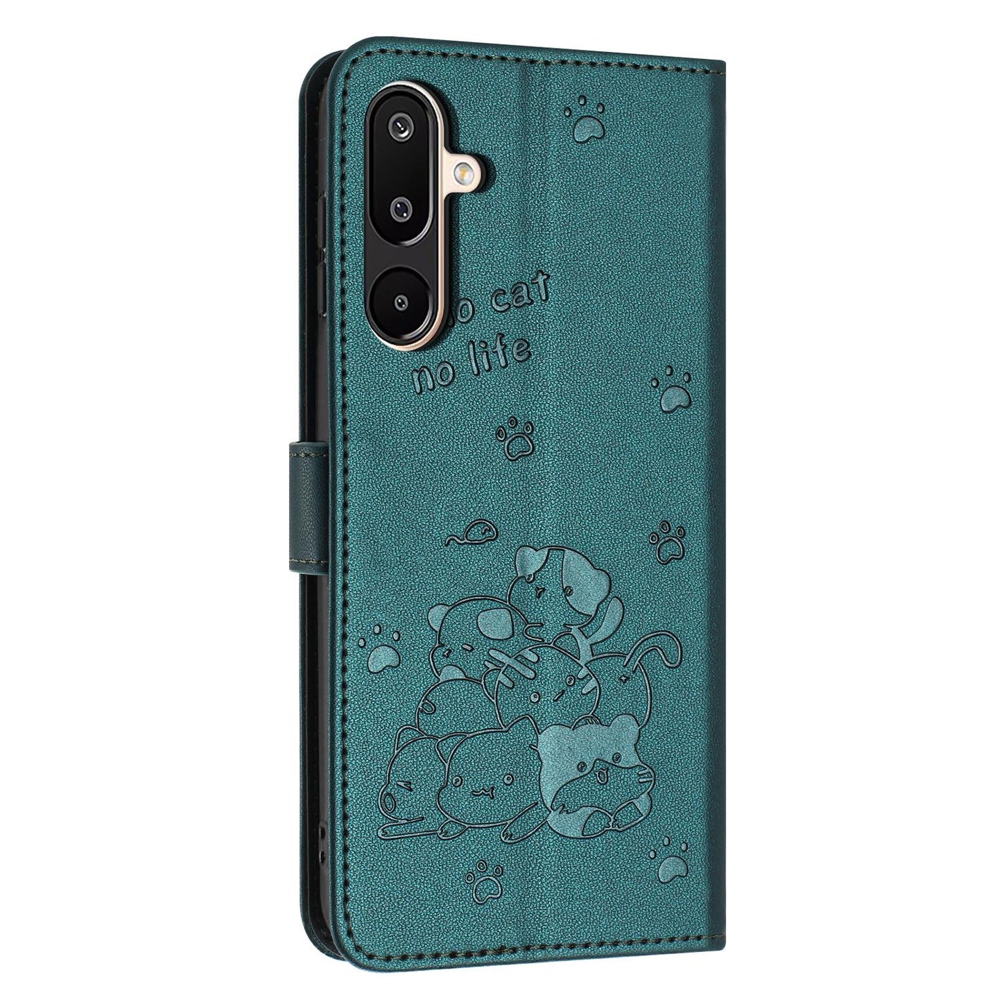Samsung Galaxy M16 5G Embossed Kitten PU Leather Wallet Case with Card Slots, Cash Pocket, Kickstand Function, Wrist Lanyard Strap, Full Protective TPU Flip Cover