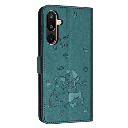 Samsung Galaxy M16 5G Embossed Kitten PU Leather Wallet Case with Card Slots, Cash Pocket, Kickstand Function, Wrist Lanyard Strap, Full Protective TPU Flip Cover