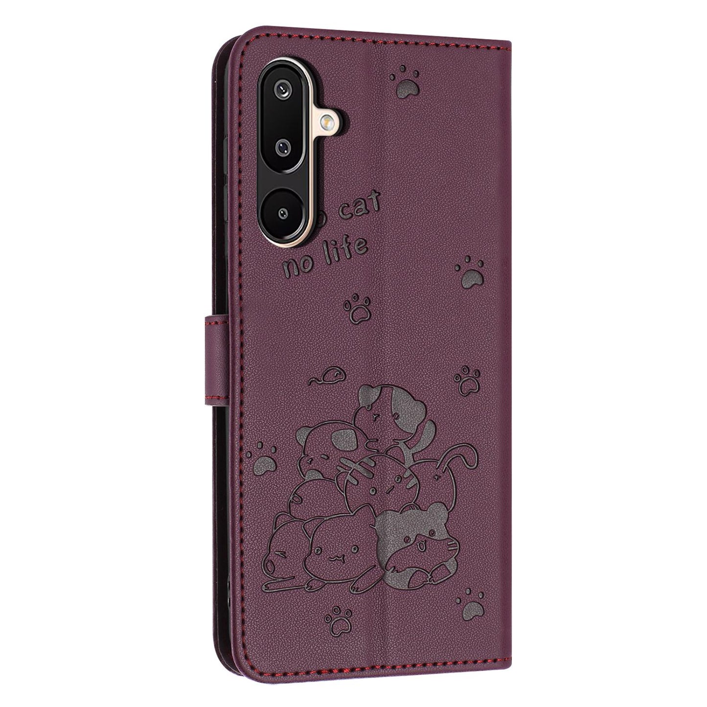Samsung Galaxy F16 5G Embossed Kitten PU Leather Wallet Case with Card Slots, Cash Pocket, Kickstand Function, Wrist Lanyard Strap, Full Protective TPU Flip Cover