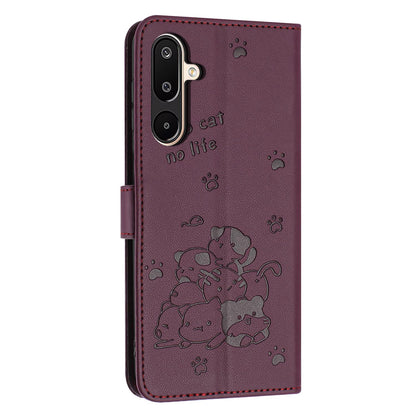 Samsung Galaxy M16 5G Embossed Kitten PU Leather Wallet Case with Card Slots, Cash Pocket, Kickstand Function, Wrist Lanyard Strap, Full Protective TPU Flip Cover