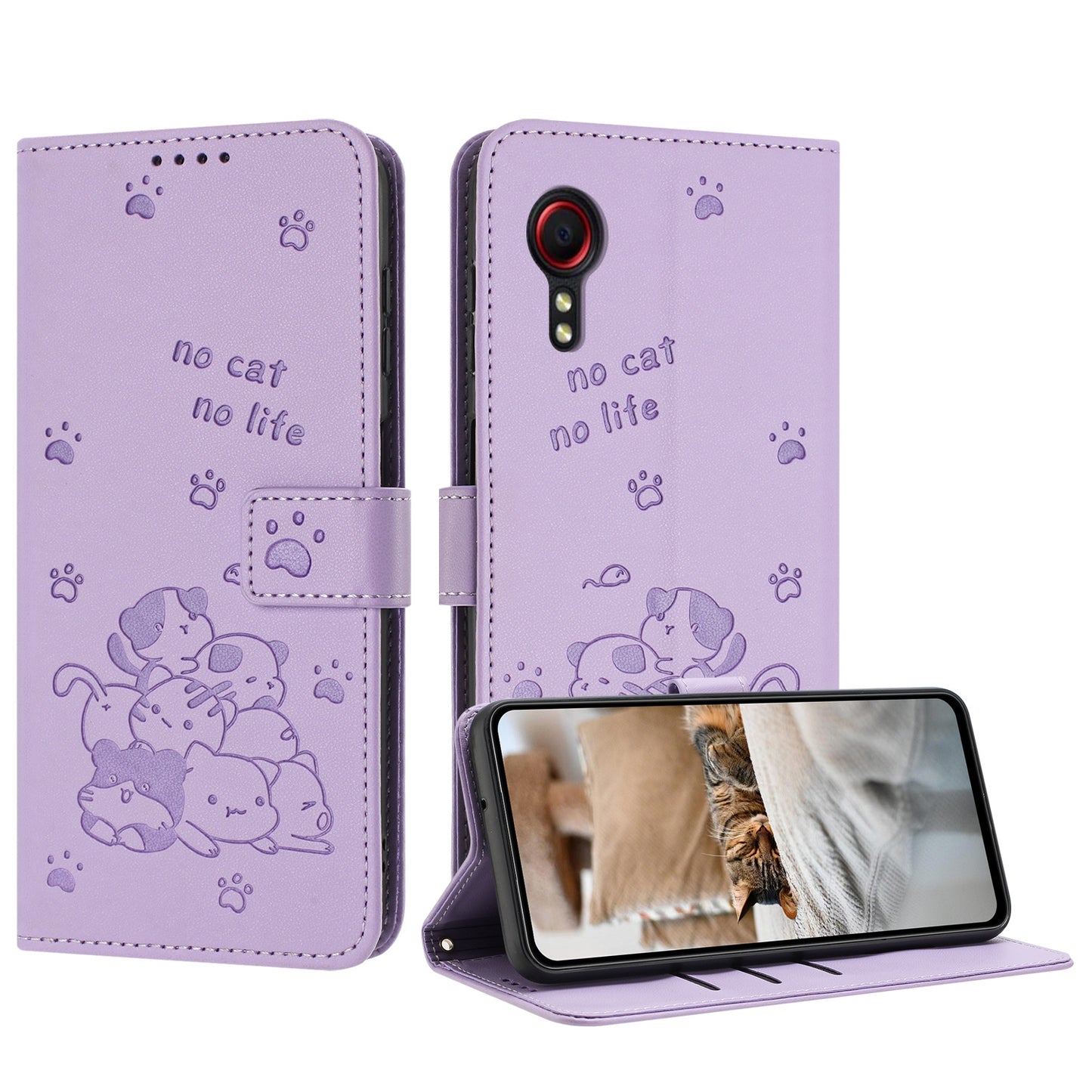 Samsung Galaxy XCover 5 Embossed Kitten PU Leather Wallet Case with Card Slots, Cash Pocket, Kickstand Function, Wrist Lanyard Strap, Full Protective TPU Flip Cover