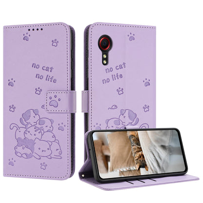 Samsung Galaxy XCover 5 Embossed Kitten PU Leather Wallet Case with Card Slots, Cash Pocket, Kickstand Function, Wrist Lanyard Strap, Full Protective TPU Flip Cover