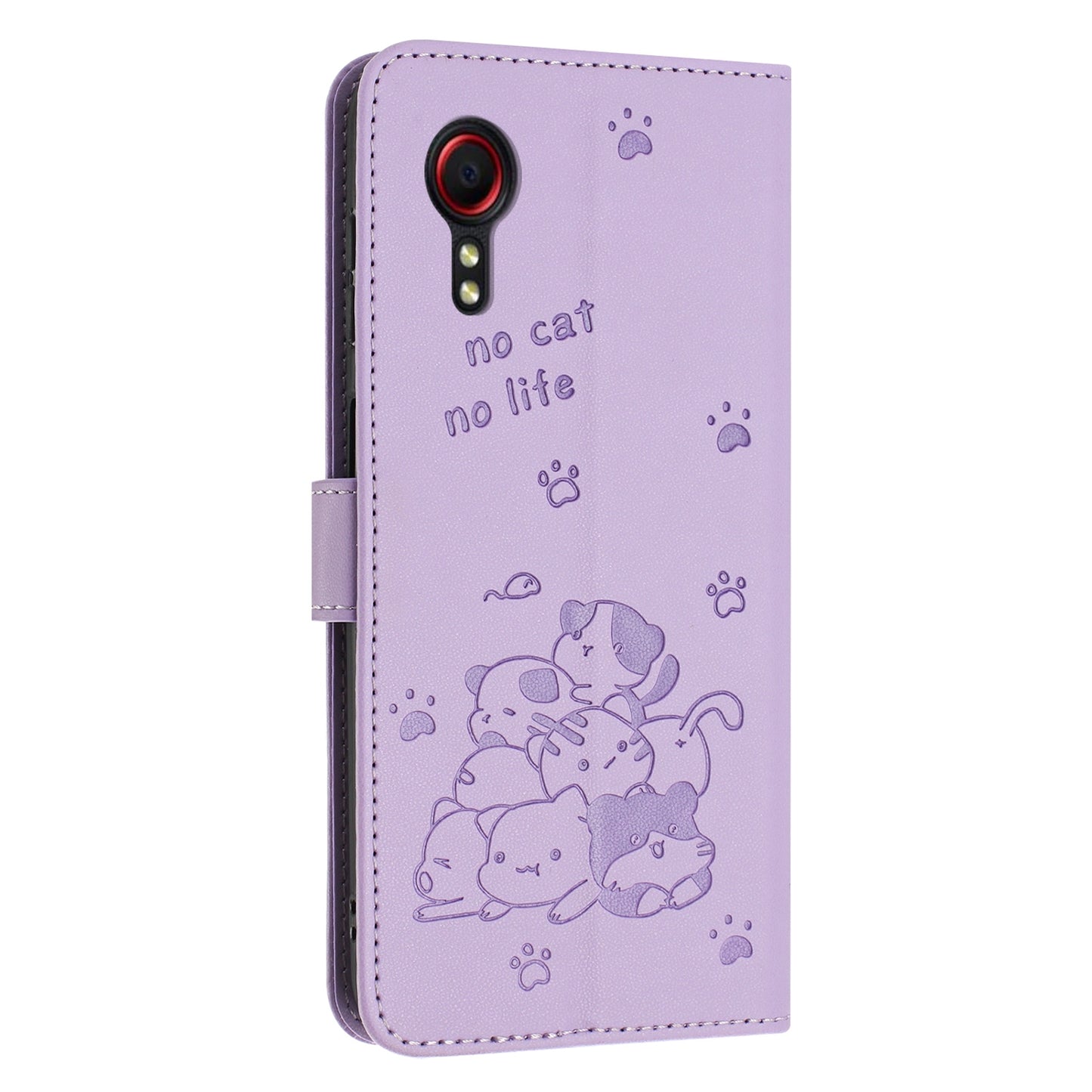 Samsung Galaxy XCover 5 Embossed Kitten PU Leather Wallet Case with Card Slots, Cash Pocket, Kickstand Function, Wrist Lanyard Strap, Full Protective TPU Flip Cover
