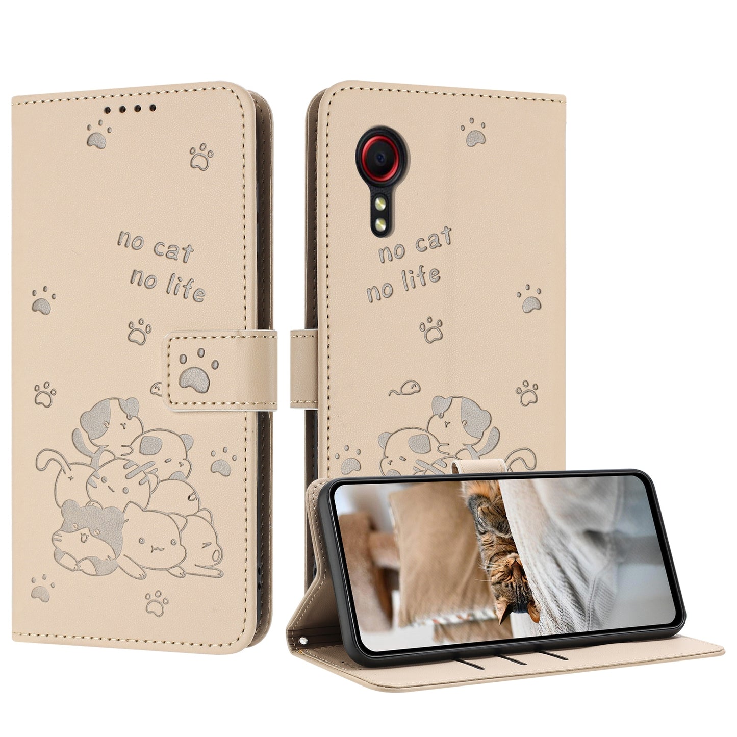 Samsung Galaxy XCover 5 Embossed Kitten PU Leather Wallet Case with Card Slots, Cash Pocket, Kickstand Function, Wrist Lanyard Strap, Full Protective TPU Flip Cover
