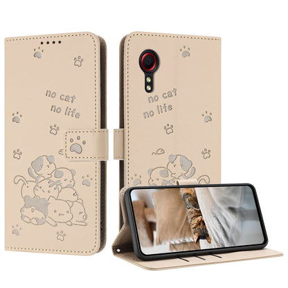 Samsung Galaxy XCover 5 Embossed Kitten PU Leather Wallet Case with Card Slots, Cash Pocket, Kickstand Function, Wrist Lanyard Strap, Full Protective TPU Flip Cover