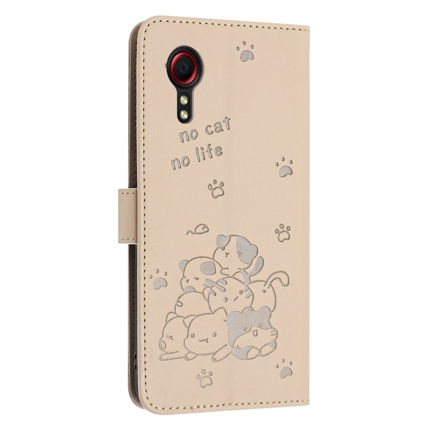 Samsung Galaxy XCover 5 Embossed Kitten PU Leather Wallet Case with Card Slots, Cash Pocket, Kickstand Function, Wrist Lanyard Strap, Full Protective TPU Flip Cover