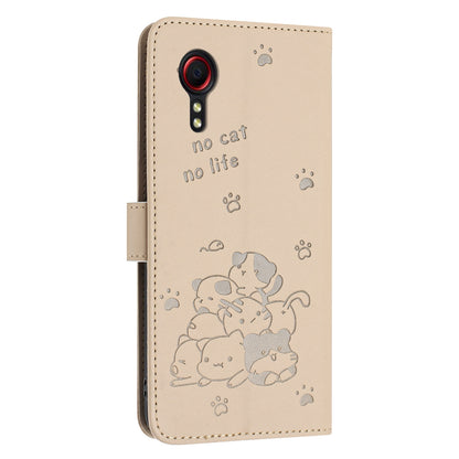 Samsung Galaxy XCover 5 Embossed Kitten PU Leather Wallet Case with Card Slots, Cash Pocket, Kickstand Function, Wrist Lanyard Strap, Full Protective TPU Flip Cover