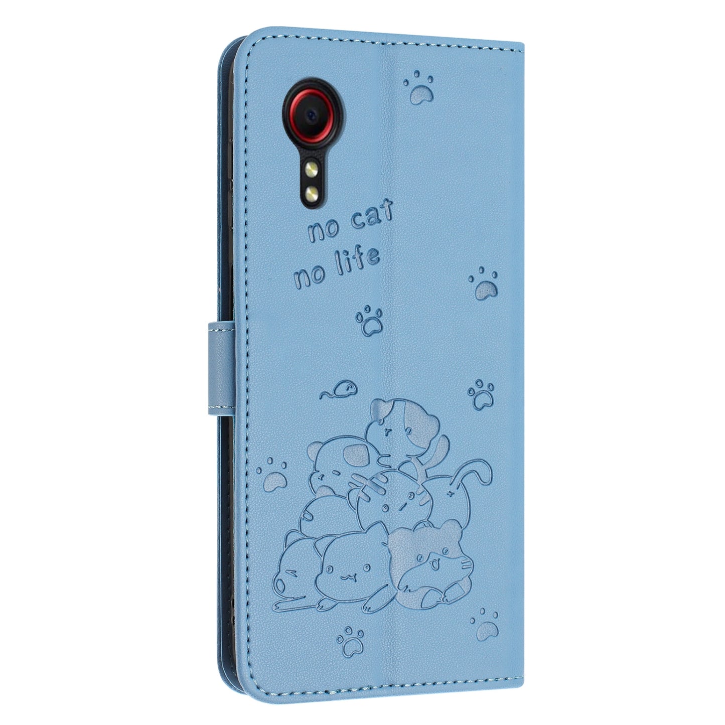 Samsung Galaxy XCover 5 Embossed Kitten PU Leather Wallet Case with Card Slots, Cash Pocket, Kickstand Function, Wrist Lanyard Strap, Full Protective TPU Flip Cover