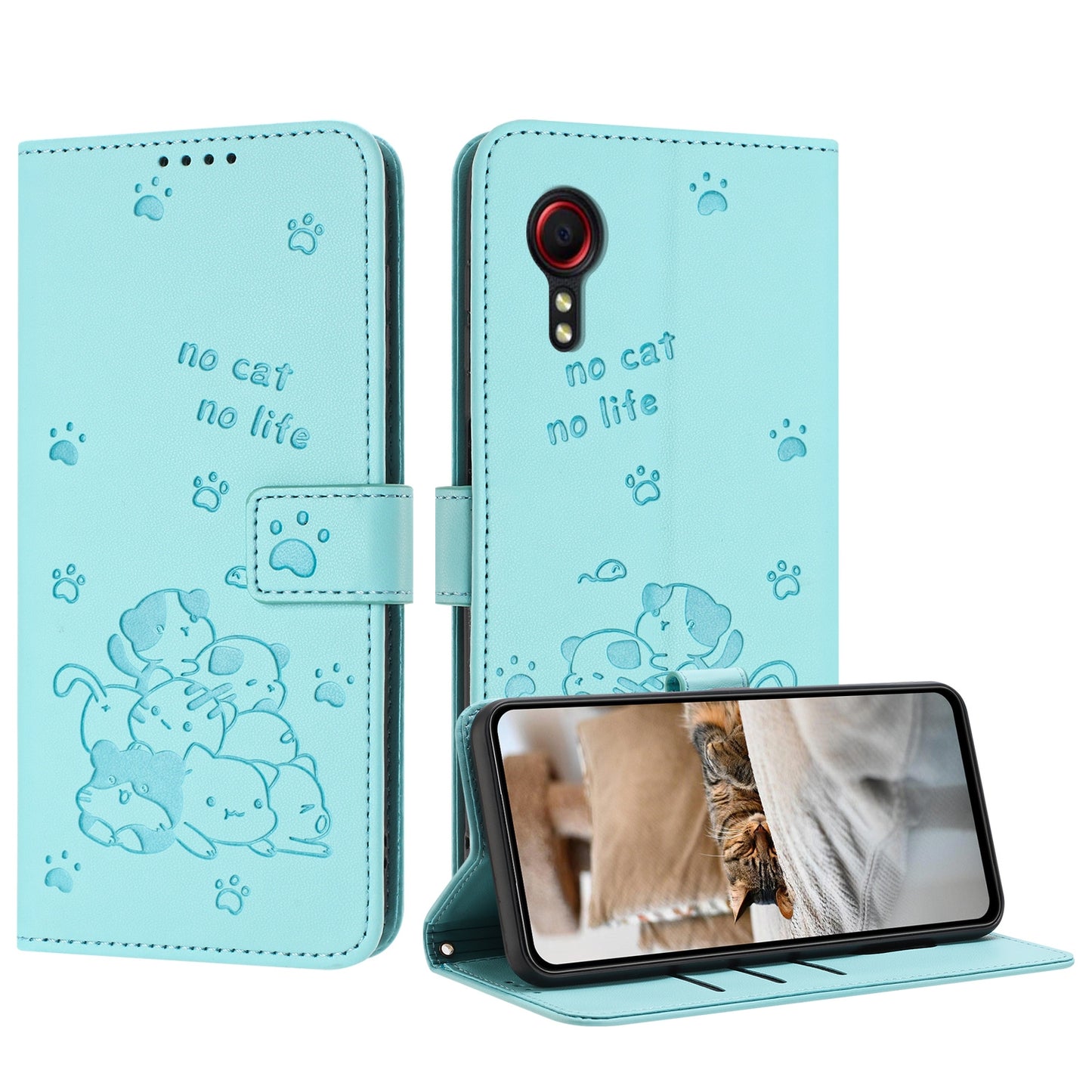 Samsung Galaxy XCover 5 Embossed Kitten PU Leather Wallet Case with Card Slots, Cash Pocket, Kickstand Function, Wrist Lanyard Strap, Full Protective TPU Flip Cover