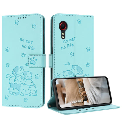 Samsung Galaxy XCover 5 Embossed Kitten PU Leather Wallet Case with Card Slots, Cash Pocket, Kickstand Function, Wrist Lanyard Strap, Full Protective TPU Flip Cover