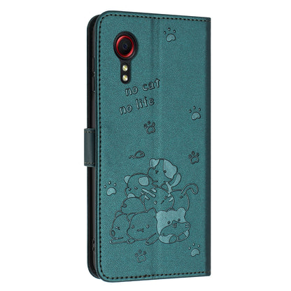 Samsung Galaxy XCover 5 Embossed Kitten PU Leather Wallet Case with Card Slots, Cash Pocket, Kickstand Function, Wrist Lanyard Strap, Full Protective TPU Flip Cover