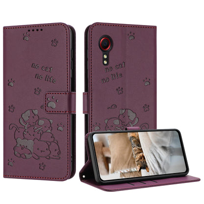 Samsung Galaxy XCover 5 Embossed Kitten PU Leather Wallet Case with Card Slots, Cash Pocket, Kickstand Function, Wrist Lanyard Strap, Full Protective TPU Flip Cover