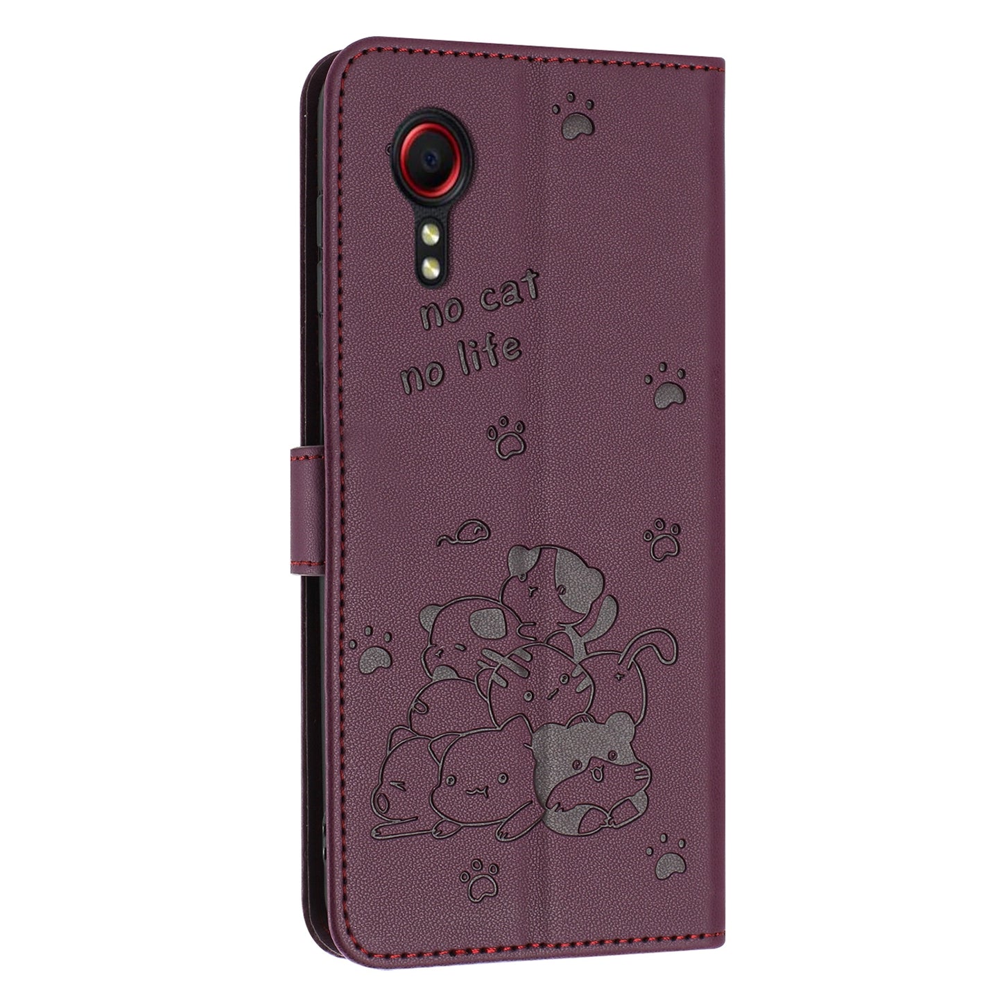Samsung Galaxy XCover 5 Embossed Kitten PU Leather Wallet Case with Card Slots, Cash Pocket, Kickstand Function, Wrist Lanyard Strap, Full Protective TPU Flip Cover