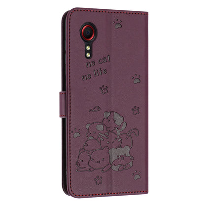 Samsung Galaxy XCover 5 Embossed Kitten PU Leather Wallet Case with Card Slots, Cash Pocket, Kickstand Function, Wrist Lanyard Strap, Full Protective TPU Flip Cover