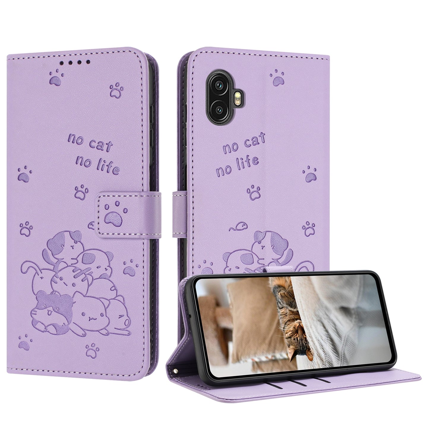 Samsung Galaxy XCover6 Pro Embossed Kitten PU Leather Wallet Case with Card Slots, Cash Pocket, Kickstand Function, Wrist Lanyard Strap, Full Protective TPU Flip Cover