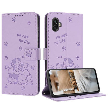 Samsung Galaxy XCover6 Pro Embossed Kitten PU Leather Wallet Case with Card Slots, Cash Pocket, Kickstand Function, Wrist Lanyard Strap, Full Protective TPU Flip Cover