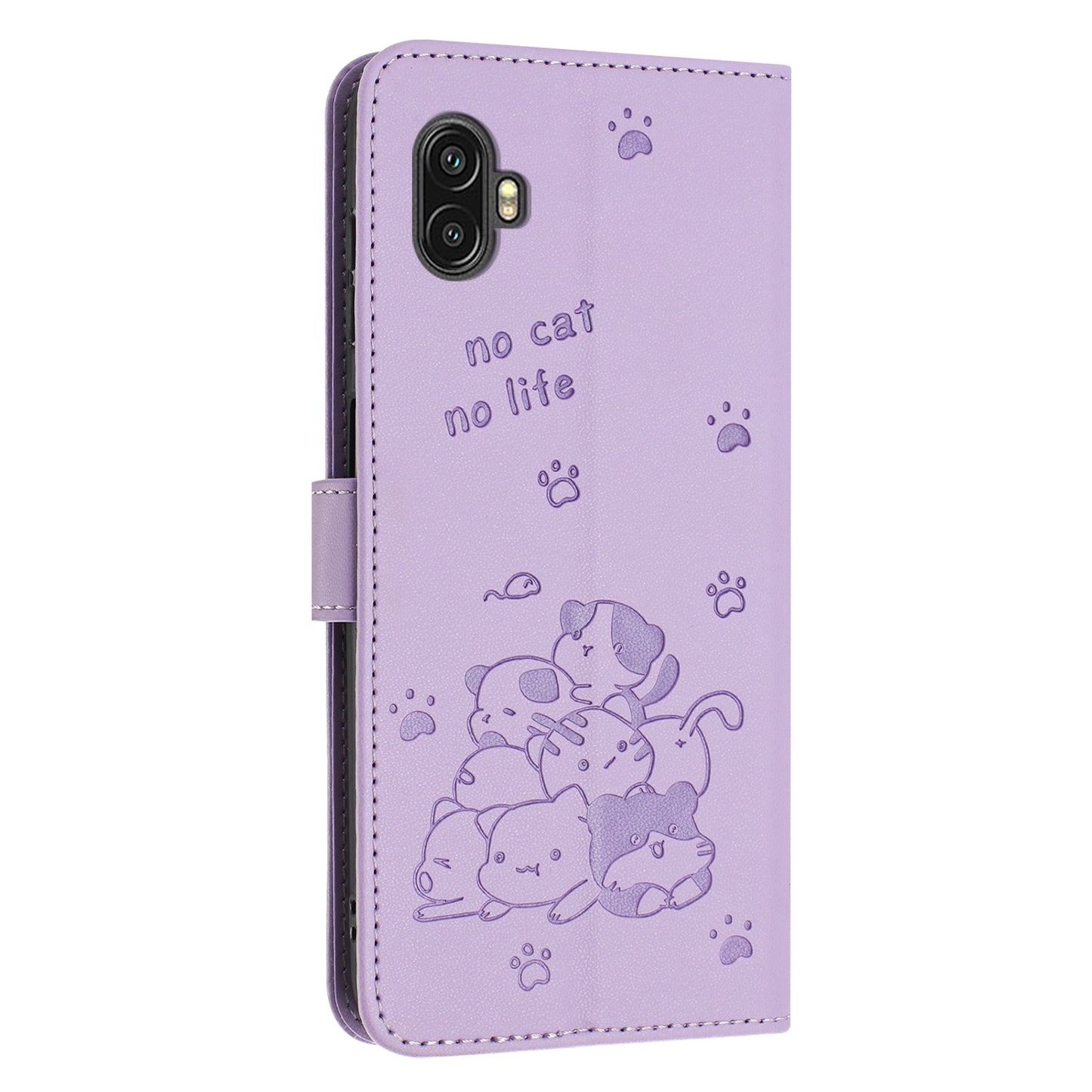 Samsung Galaxy XCover6 Pro Embossed Kitten PU Leather Wallet Case with Card Slots, Cash Pocket, Kickstand Function, Wrist Lanyard Strap, Full Protective TPU Flip Cover