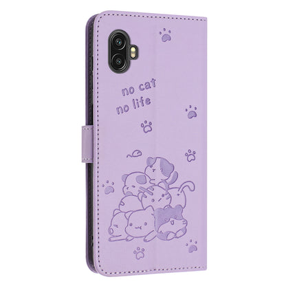 Samsung Galaxy XCover6 Pro Embossed Kitten PU Leather Wallet Case with Card Slots, Cash Pocket, Kickstand Function, Wrist Lanyard Strap, Full Protective TPU Flip Cover