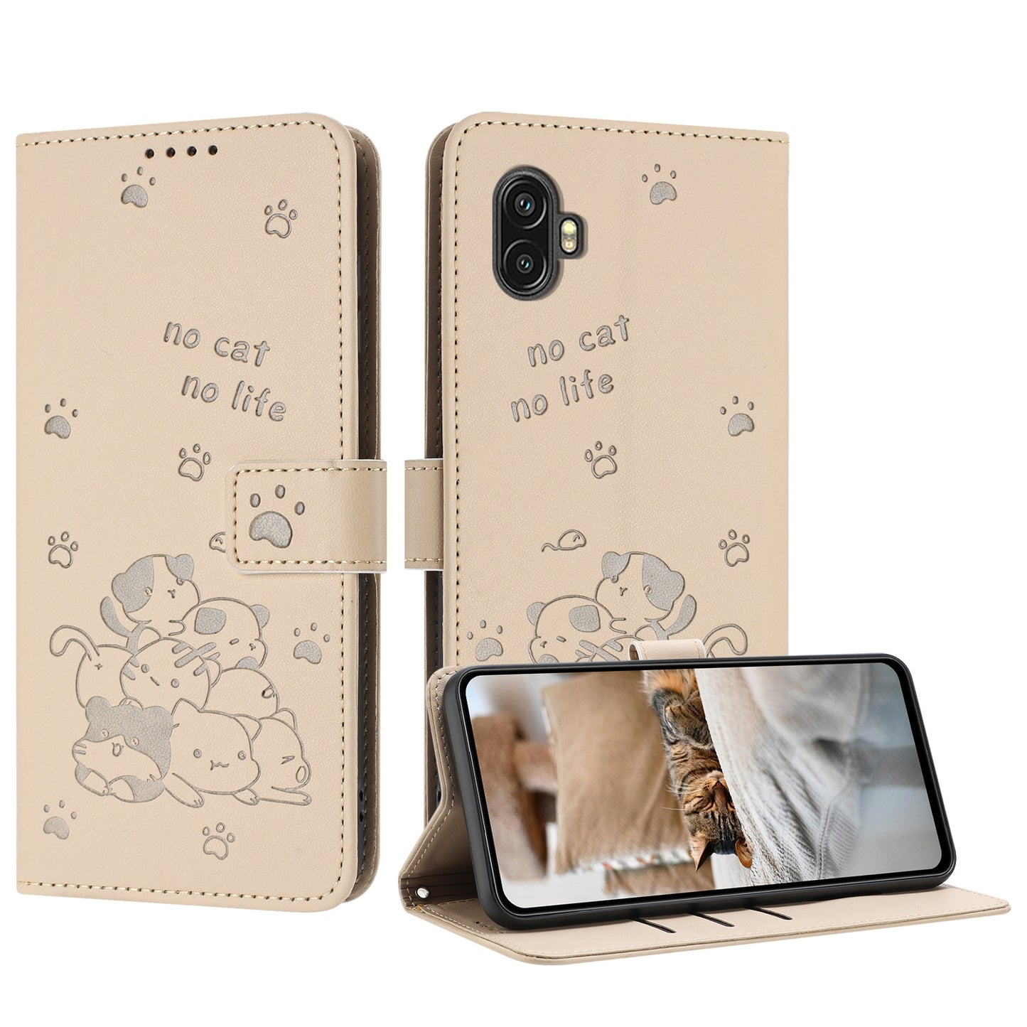 Samsung Galaxy XCover6 Pro Embossed Kitten PU Leather Wallet Case with Card Slots, Cash Pocket, Kickstand Function, Wrist Lanyard Strap, Full Protective TPU Flip Cover