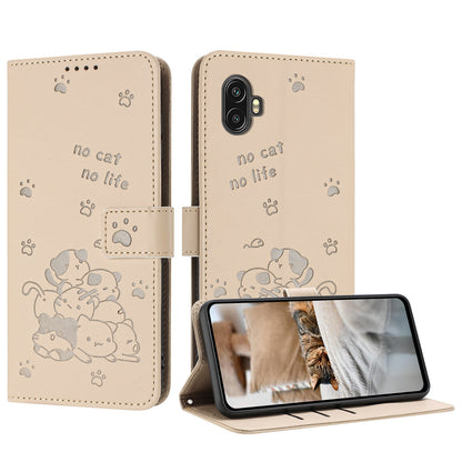 Samsung Galaxy XCover6 Pro Embossed Kitten PU Leather Wallet Case with Card Slots, Cash Pocket, Kickstand Function, Wrist Lanyard Strap, Full Protective TPU Flip Cover