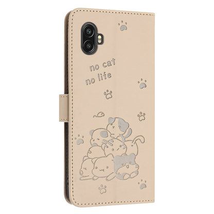 Samsung Galaxy XCover6 Pro Embossed Kitten PU Leather Wallet Case with Card Slots, Cash Pocket, Kickstand Function, Wrist Lanyard Strap, Full Protective TPU Flip Cover