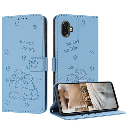 Samsung Galaxy XCover6 Pro Embossed Kitten PU Leather Wallet Case with Card Slots, Cash Pocket, Kickstand Function, Wrist Lanyard Strap, Full Protective TPU Flip Cover